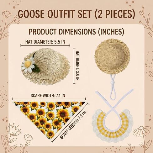 Porch Goose Outfit, Goose Outfits 2-Piece Set with Sunflower Hat and Yellow Bib, Country Style Goose Costume with Triangle Scarf and Straw Hat, Polyester Material in Saudi Arabia