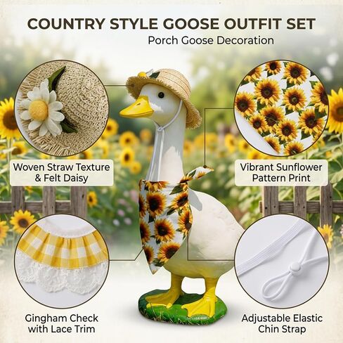 Porch Goose Outfit, Goose Outfits 2-Piece Set with Sunflower Hat and Yellow Bib, Country Style Goose Costume with Triangle Scarf and Straw Hat, Polyester Material in Saudi Arabia