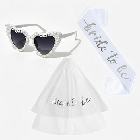 Bride to Be Bachelorette Party Set - 3pcs White Veil, Sash & Pearl Sunglasses, Bridal Shower Accessories Kit for Bride to Be in Kuwait