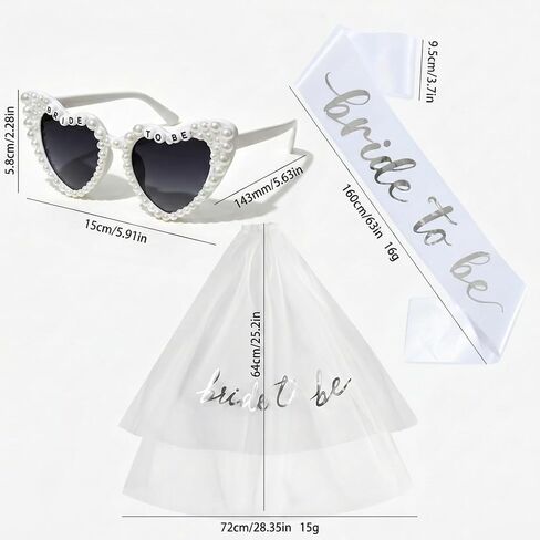 Bride to Be Bachelorette Party Set - 3pcs White Veil, Sash & Pearl Sunglasses, Bridal Shower Accessories Kit for Bride to Be in Kuwait