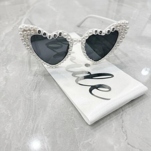 Bride to Be Bachelorette Party Set - 3pcs White Veil, Sash & Pearl Sunglasses, Bridal Shower Accessories Kit for Bride to Be in Kuwait
