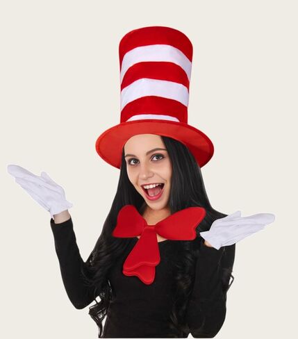 Top Hat Cat Costume Set Accessory Red and White Stovepipe Hat Hat Gloves Bow Tie for Halloween Props for School Book Character Cosplay Event in Kuwait