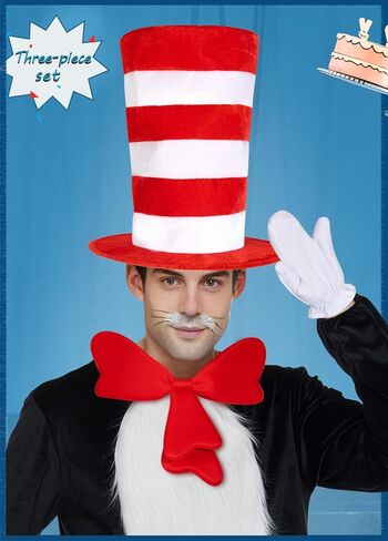 Top Hat Cat Costume Set Accessory Red and White Stovepipe Hat Hat Gloves Bow Tie for Halloween Props for School Book Character Cosplay Event in Kuwait