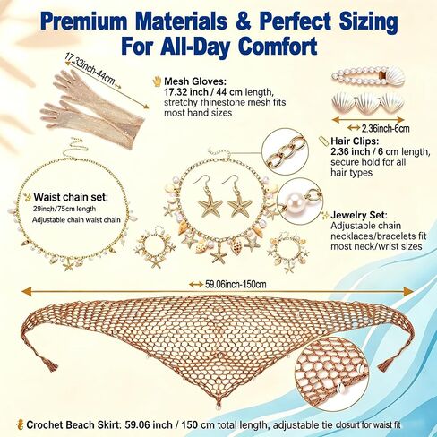 Mermaid Cosplay Costume for Women, 9 Pcs Crochet Skirt Rhinestone Long, Fishnet Gloves Necklace Waist Chain Bracelets Hair Clip in Saudi Arabia