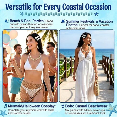 Mermaid Cosplay Costume for Women, 9 Pcs Crochet Skirt Rhinestone Long, Fishnet Gloves Necklace Waist Chain Bracelets Hair Clip in Saudi Arabia