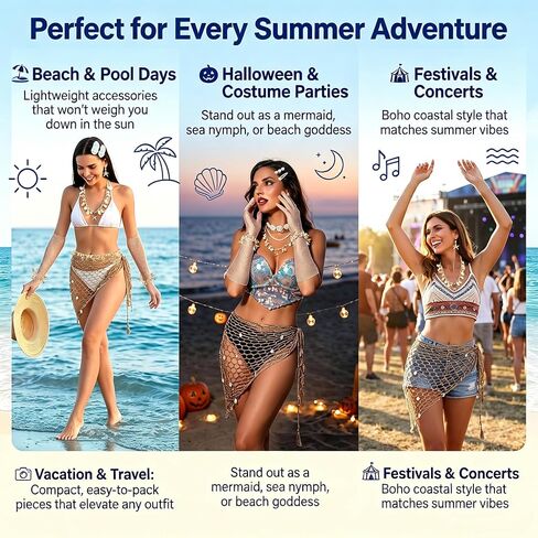 Mermaid Cosplay Costume for Women, 9 Pcs Crochet Skirt Rhinestone Long, Fishnet Gloves Necklace Waist Chain Bracelets Hair Clip in Saudi Arabia