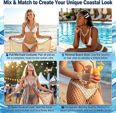 Mermaid Cosplay Costume for Women, 9 Pcs Crochet Skirt Rhinestone Long, Fishnet Gloves Necklace Waist Chain Bracelets Hair Clip in Saudi Arabia