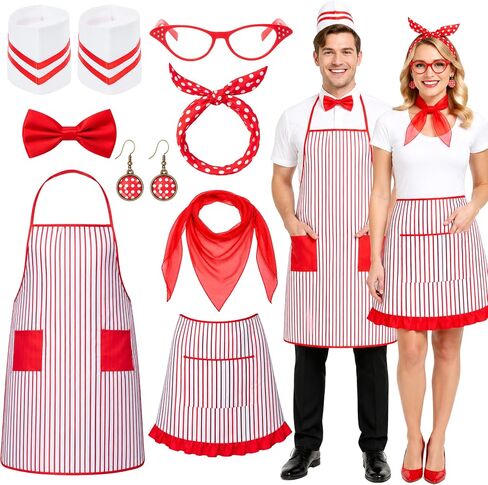 1950s Adult Waiter Costume Accessories - 9Pcs Soda Jerk Circus Costume with Red White Striped Apron Chef Hat Bow Tie Headband Eyeglasses Scarf Earrings, 1950s Carnival Outfit Waiter Cosplay Party in Saudi Arabia