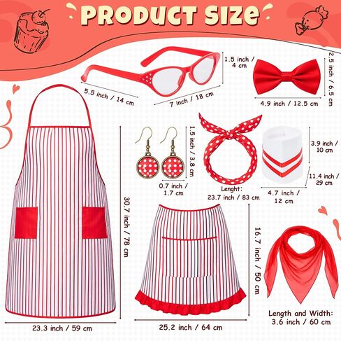 1950s Adult Waiter Costume Accessories - 9Pcs Soda Jerk Circus Costume with Red White Striped Apron Chef Hat Bow Tie Headband Eyeglasses Scarf Earrings, 1950s Carnival Outfit Waiter Cosplay Party in Saudi Arabia