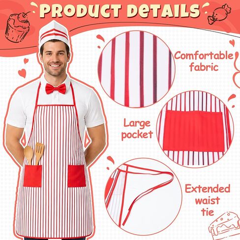 1950s Adult Waiter Costume Accessories - 9Pcs Soda Jerk Circus Costume with Red White Striped Apron Chef Hat Bow Tie Headband Eyeglasses Scarf Earrings, 1950s Carnival Outfit Waiter Cosplay Party in Saudi Arabia