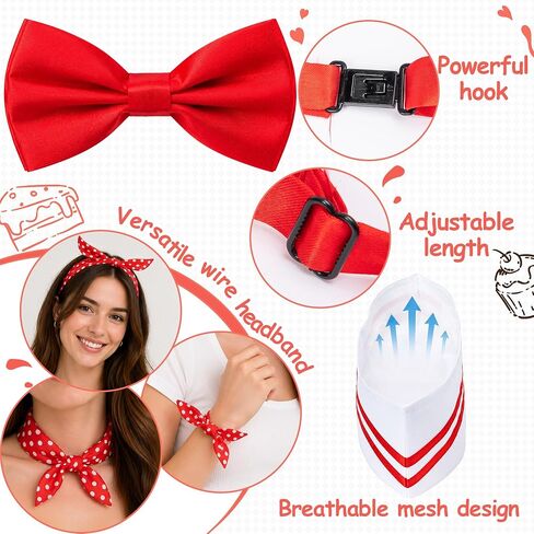 1950s Adult Waiter Costume Accessories - 9Pcs Soda Jerk Circus Costume with Red White Striped Apron Chef Hat Bow Tie Headband Eyeglasses Scarf Earrings, 1950s Carnival Outfit Waiter Cosplay Party in Saudi Arabia