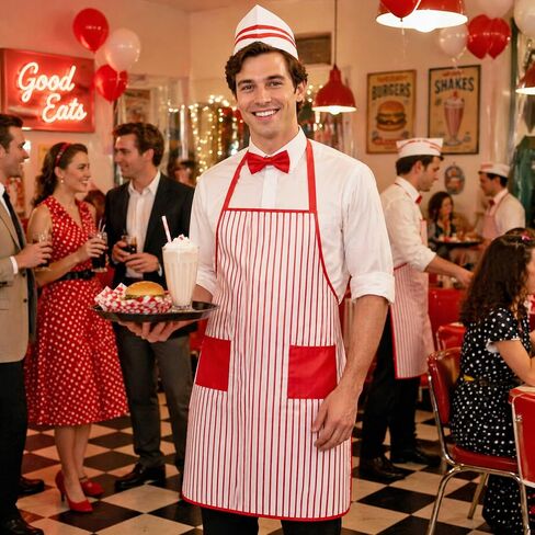 1950s Adult Waiter Costume Accessories - 9Pcs Soda Jerk Circus Costume with Red White Striped Apron Chef Hat Bow Tie Headband Eyeglasses Scarf Earrings, 1950s Carnival Outfit Waiter Cosplay Party in Saudi Arabia