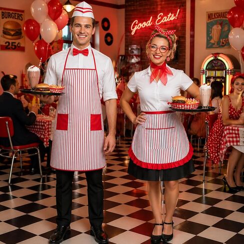 1950s Adult Waiter Costume Accessories - 9Pcs Soda Jerk Circus Costume with Red White Striped Apron Chef Hat Bow Tie Headband Eyeglasses Scarf Earrings, 1950s Carnival Outfit Waiter Cosplay Party in Saudi Arabia