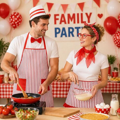 1950s Adult Waiter Costume Accessories - 9Pcs Soda Jerk Circus Costume with Red White Striped Apron Chef Hat Bow Tie Headband Eyeglasses Scarf Earrings, 1950s Carnival Outfit Waiter Cosplay Party in Saudi Arabia
