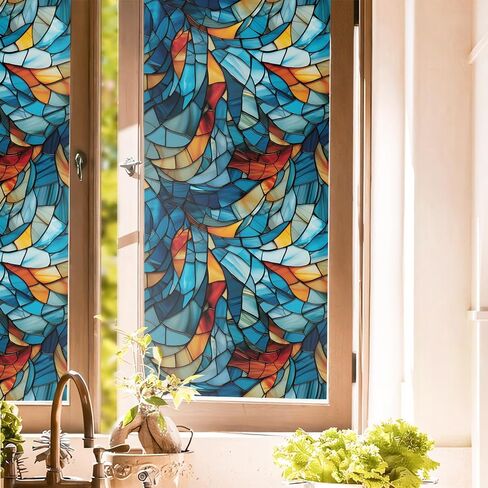 Blue Orange Yellow Geometric Mosaic Stained Glass Window Films Decorative Double-Side Privacy Film Self-Adhesive Static Glass Clings for Living Room Bathroom Decor in Saudi Arabia