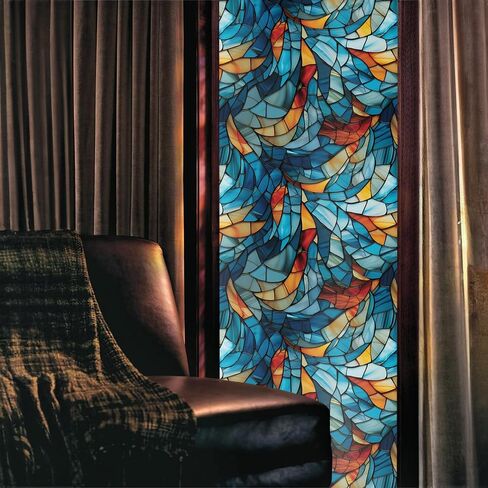 Blue Orange Yellow Geometric Mosaic Stained Glass Window Films Decorative Double-Side Privacy Film Self-Adhesive Static Glass Clings for Living Room Bathroom Decor in Saudi Arabia