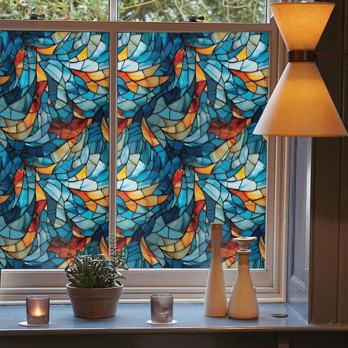 Blue Orange Yellow Geometric Mosaic Stained Glass Window Films Decorative Double-Side Privacy Film Self-Adhesive Static Glass Clings for Living Room Bathroom Decor in Saudi Arabia