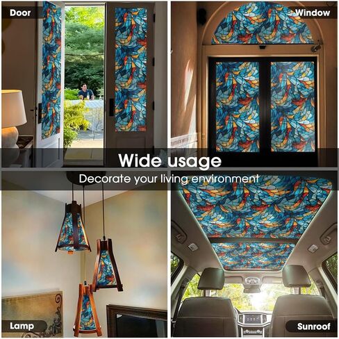 Blue Orange Yellow Geometric Mosaic Stained Glass Window Films Decorative Double-Side Privacy Film Self-Adhesive Static Glass Clings for Living Room Bathroom Decor in Saudi Arabia