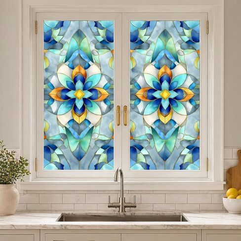 Blue Stained Glass Window Film, Decorative Static Cling Window Privacy Cling, 17.5 x 39.4 Inch Removable No Glue Geometric Leaf Window Film for Bathroom Bedroom in Saudi Arabia