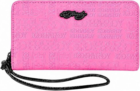 محفظة ED HARDY منقوشة بسحاب حول المعصم مع حزام معصم، محفظة منظمة من الجلد الصناعي للنساء، 8x5 بوصة (وردي كهربائي) in Kuwait