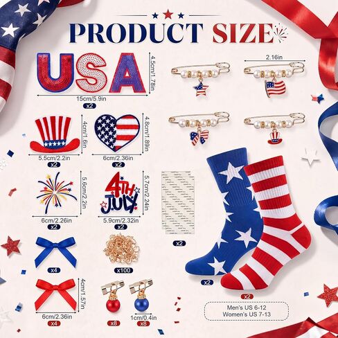 Hercicy 48 Pcs 4th of July Socks and Charms Kit for Women with 2 Pairs DIY Patriotic Socks 46 Red 250th Anniversary Charms Accessories Patriotic Patches for 250th Anniversary Memorial Day Decor Gift in Kuwait