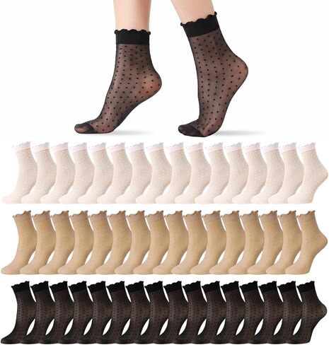 24 Pairs Women's Sheer Ruffle Socks, Cute Frilly Polka Dot Mesh Lace Crew Nylon Socks Summer Cool See Through Thin Stocking for Women in Saudi Arabia