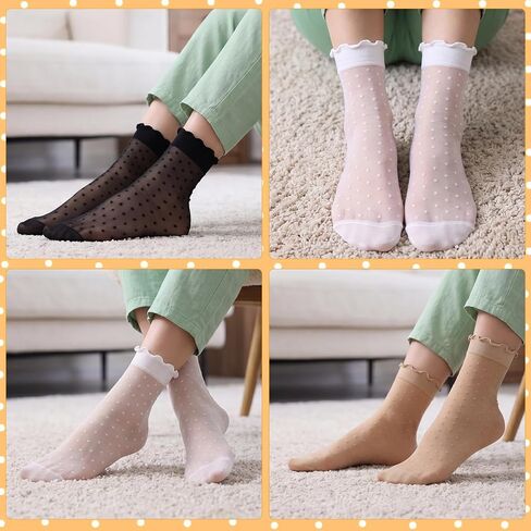 24 Pairs Women's Sheer Ruffle Socks, Cute Frilly Polka Dot Mesh Lace Crew Nylon Socks Summer Cool See Through Thin Stocking for Women in Saudi Arabia