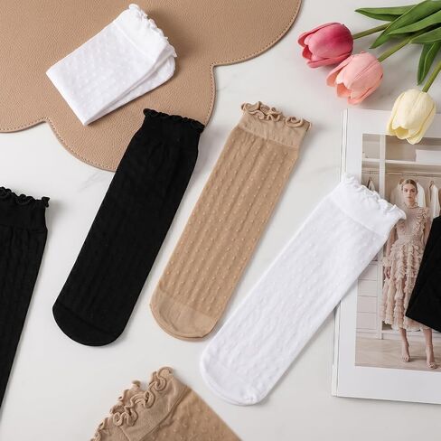 24 Pairs Women's Sheer Ruffle Socks, Cute Frilly Polka Dot Mesh Lace Crew Nylon Socks Summer Cool See Through Thin Stocking for Women in Saudi Arabia