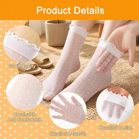 24 Pairs Women's Sheer Ruffle Socks, Cute Frilly Polka Dot Mesh Lace Crew Nylon Socks Summer Cool See Through Thin Stocking for Women in Saudi Arabia