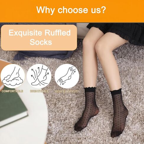 24 Pairs Women's Sheer Ruffle Socks, Cute Frilly Polka Dot Mesh Lace Crew Nylon Socks Summer Cool See Through Thin Stocking for Women in Saudi Arabia