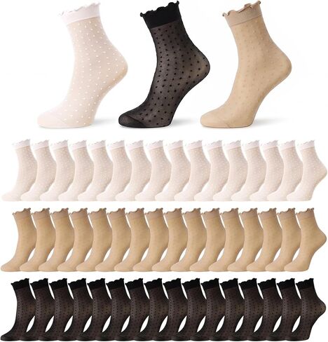 24 Pairs Women's Sheer Ruffle Socks, Cute Frilly Polka Dot Mesh Lace Crew Nylon Socks Summer Cool See Through Thin Stocking for Women in Saudi Arabia