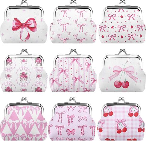 9 Pcs Pink Bow Coin Purse Bulk for Women Mini Kiss Lock Change Purses Inspirational Vintage Cute Travel Pouches Wallet Bag for Ladies Mother Teacher Colleague Gifts (Pink Bow) in Kuwait