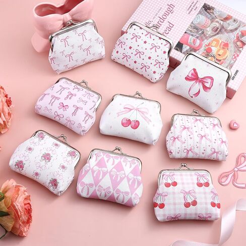 9 Pcs Pink Bow Coin Purse Bulk for Women Mini Kiss Lock Change Purses Inspirational Vintage Cute Travel Pouches Wallet Bag for Ladies Mother Teacher Colleague Gifts (Pink Bow) in Kuwait