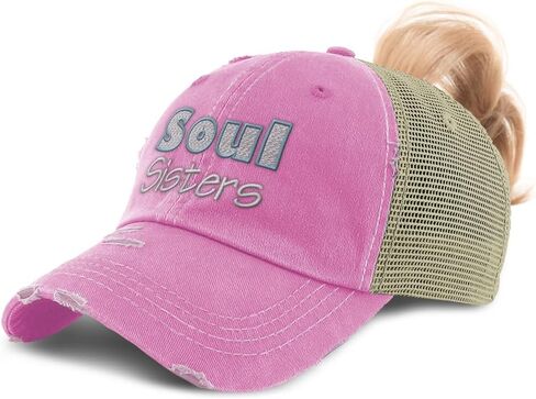 Womens Ponytail Cap Soul Sisters Style B Cotton Distressed Trucker Hats in Kuwait