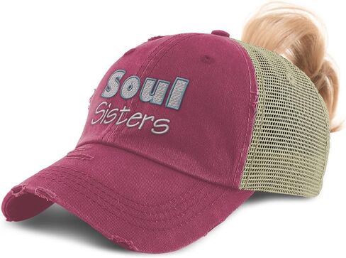 Womens Ponytail Cap Soul Sisters Style B Cotton Distressed Trucker Hats in Kuwait