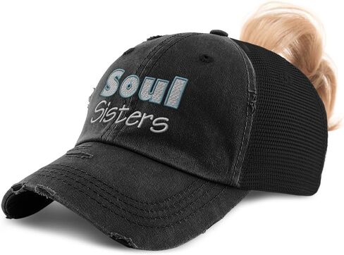 Womens Ponytail Cap Soul Sisters Style B Cotton Distressed Trucker Hats in Kuwait