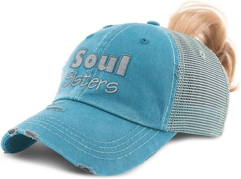 Womens Ponytail Cap Soul Sisters Style B Cotton Distressed Trucker Hats in Kuwait