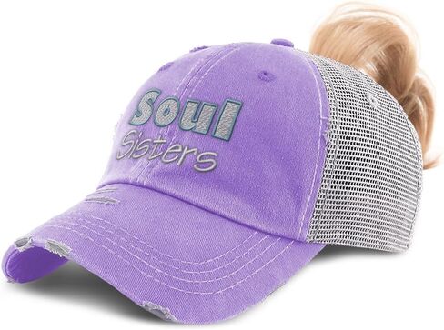 Womens Ponytail Cap Soul Sisters Style B Cotton Distressed Trucker Hats in Kuwait