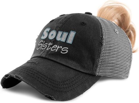 Womens Ponytail Cap Soul Sisters Style B Cotton Distressed Trucker Hats in Kuwait