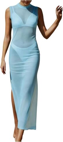 Verdusa Women's Vacation Outfits Split Sheer Mesh Dress Mock Neck Sleeveless Going Out Dress in Kuwait