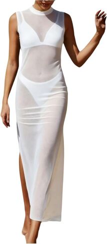 Verdusa Women's Vacation Outfits Split Sheer Mesh Dress Mock Neck Sleeveless Going Out Dress in Kuwait