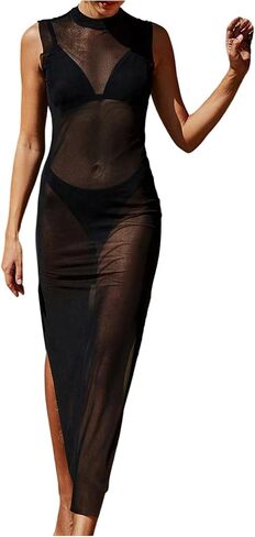 Verdusa Women's Vacation Outfits Split Sheer Mesh Dress Mock Neck Sleeveless Going Out Dress in Kuwait