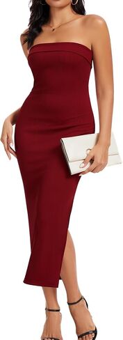 MORROWIND Women Ribbed Maxi Bodycon Tube Dress Summer Sexy Strapless Side Slit Long Formal Cocktail Party Wedding Guest Dress in Saudi Arabia