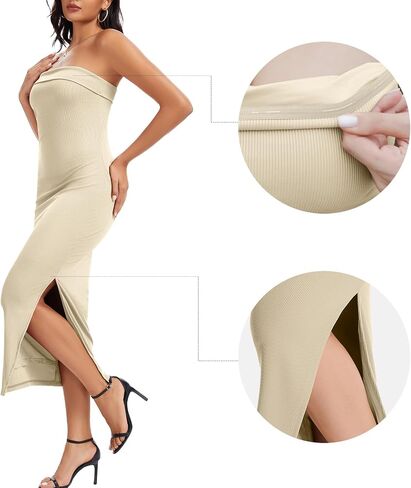 MORROWIND Women Ribbed Maxi Bodycon Tube Dress Summer Sexy Strapless Side Slit Long Formal Cocktail Party Wedding Guest Dress in Saudi Arabia