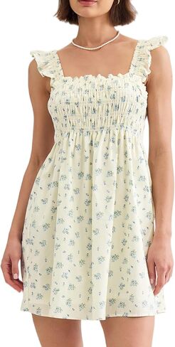 Summer Dresses for Women Petite Mini Dresses Sleeveless Smocked Ruffle Square Neck Backless Cotton Dress in Saudi Arabia