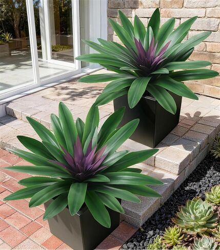 DREAMLOOM Fake Plants, 2 Pcs 21.7 Inch Bromeliads Large Artificial Plants Outdoor Faux Plants UV Resistant Realistic Tropical Greenery Outside for Planter Porch Patio Yard Garden Indoor in Saudi Arabia