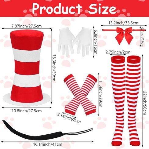 Cat Hat in White and Red Costumes Kit Accessories for Read Book Day Costume Including Headband Gloves Bow Tie Tail Gloves and Socks for 100th Day of School Cosplay Halloween Party in Saudi Arabia