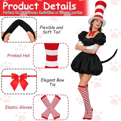 Cat Hat in White and Red Costumes Kit Accessories for Read Book Day Costume Including Headband Gloves Bow Tie Tail Gloves and Socks for 100th Day of School Cosplay Halloween Party in Saudi Arabia