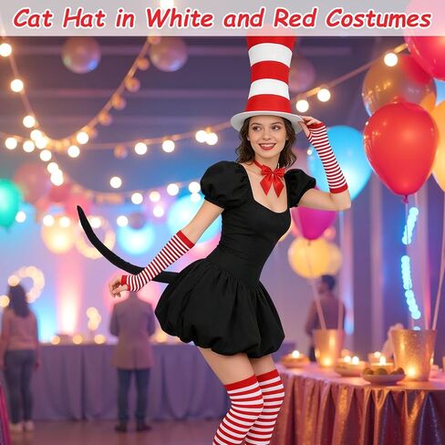 Cat Hat in White and Red Costumes Kit Accessories for Read Book Day Costume Including Headband Gloves Bow Tie Tail Gloves and Socks for 100th Day of School Cosplay Halloween Party in Saudi Arabia