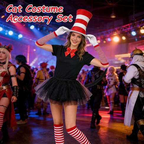 Cat Hat in White and Red Costumes Kit Accessories for Read Book Day Costume Including Headband Gloves Bow Tie Tail Gloves and Socks for 100th Day of School Cosplay Halloween Party in Saudi Arabia